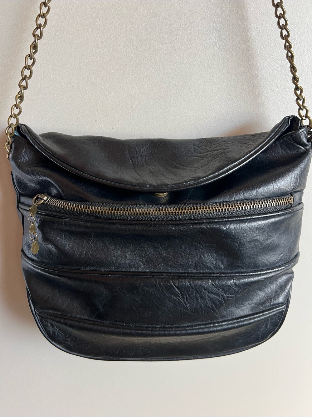 Volcom Black Leather Shoulder Bag Chain Strap Zip Pocket Purse Y2K 2000s Vintage